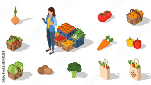 Isometric grocery shopping with fresh vegetables and fruits