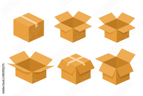 Set of six cardboard boxes in various open and closed states