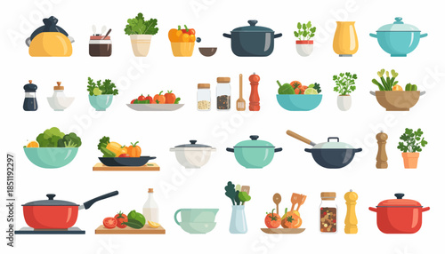 Kitchen Cooking Utensils and Food Items.