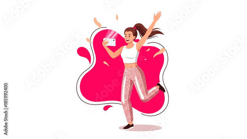 Enthusiastic woman taking a selfie with phone and jumping for joy in stylish outfit