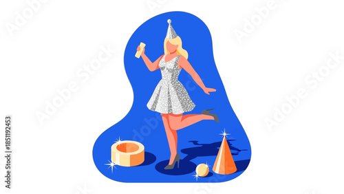 Festive party celebration with glamorous outfit and accessories on blue background