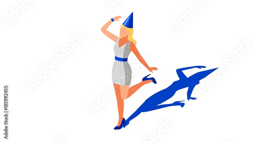 Celebration woman with unique shadow in party hat on white background