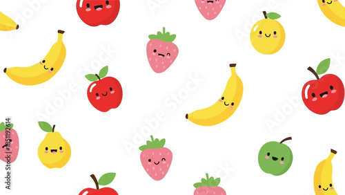 Playful Fruit Pattern Vector with Cute Characters, Ideal for Children's Designs, Apparel, and Stationery