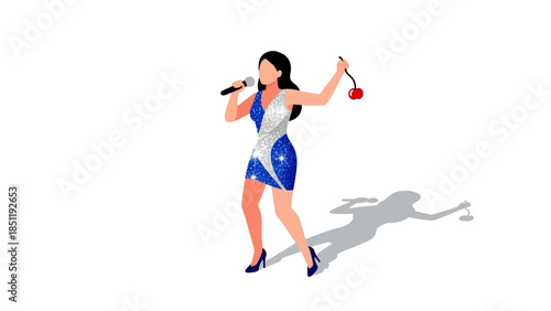 Glamorous singer in sparkling dress performing with microphone and cherry prop