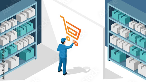 Isometric warehouse with digital shopping concept displayed on wall