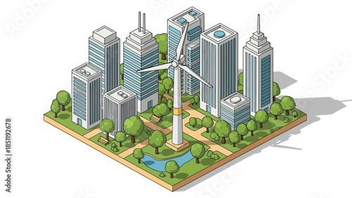 Sustainable cityscape with wind turbine in isometric style for urban green energy design