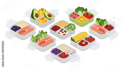 Colorful isometric bento box collection featuring fresh produce and salmon