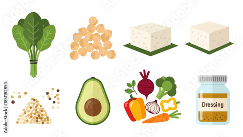 Healthy vegan ingredients: spinach, chickpeas, tofu, avocado, grains, vegetables, dressing
