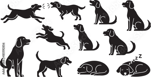 Collection of dog silhouettes in various poses showcasing different actions and breeds