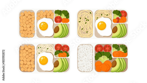Meal prep containers with balanced nutrient dishes featuring eggs, chickpeas, and avocado