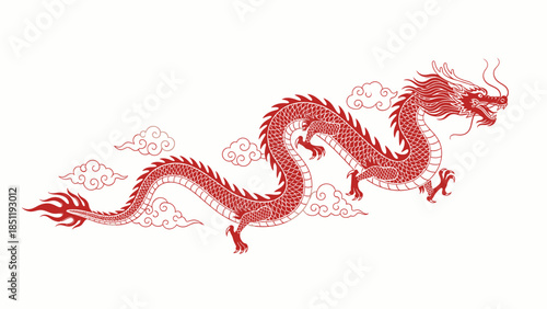 Vibrant red Chinese dragon illustration soaring through stylized clouds, a symbol of power and good fortune in Asian culture