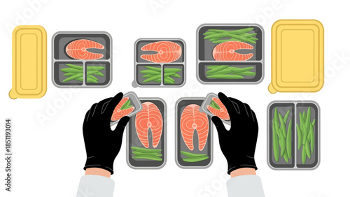 Meal prep with salmon and green beans in containers