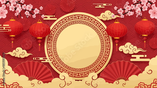 Festive Chinese New Year background with red lanterns, cherry blossoms, and traditional golden elements surrounding a blank circular frame, ideal for greetings
