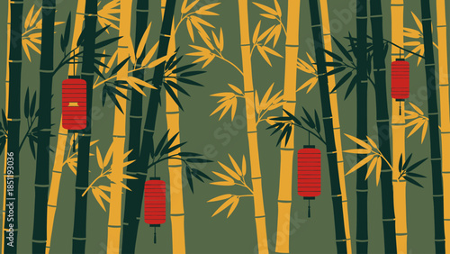 Vibrant illustration of a serene bamboo forest illuminated by traditional red oriental lanterns, capturing the essence of an Asian cultural scene or a peaceful natural environment