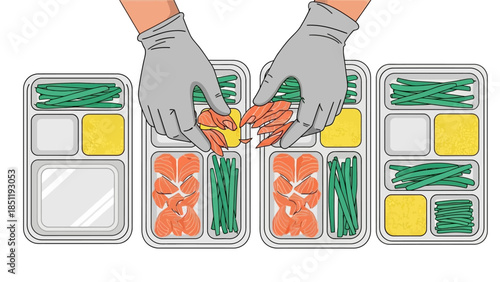Gloved hands arrange meal elements in bento containers with precision