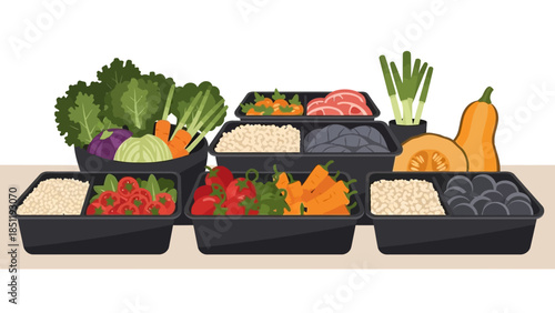 Fresh meal prep containers with vegetables and protein on a wooden surface