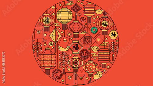 Festive Chinese New Year Decorations with Lanterns, Firecrackers, and Lucky Charms on a Red Background