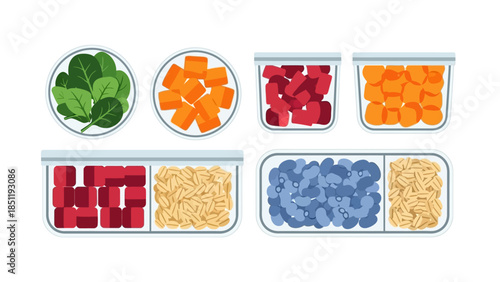 Healthy food containers set with fruits, vegetables, and grains in modern flat design