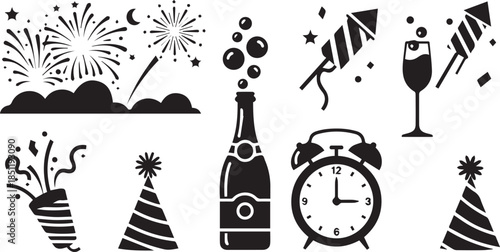 New year's eve celebration icons fireworks champagne alarm clock party hats festive elements