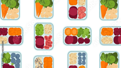 Colorful meal prep boxes pattern with fresh vegetables and fruits