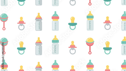 Cute Baby Essentials Pattern Vector Featuring Bottles, Pacifiers, and Rattles for Nursery and Baby Shower Designs