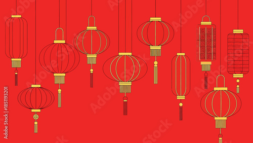 Collection of hanging Chinese lanterns on a vibrant red background, symbolizing tradition and celebration