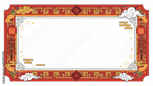 Vibrant traditional Chinese New Year decorative frame with auspicious elements, perfect for festive greetings, banners, or cultural event backgrounds illustrating prosperity and celebration