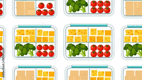 Seamless pattern with lunchboxes featuring cheese, tomatoes, broccoli, and crackers on white background