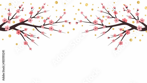 Blooming cherry blossom branches adorned with golden confetti, symbolizing spring's gentle arrival