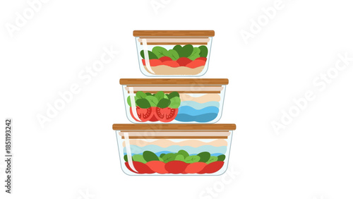 Colorful food storage containers with fresh vegetables and fruits in modern flat design