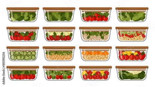 Glass containers with fresh vegetables and fruits organized in rows for healthy meal prep