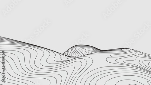 Abstract wavy lines creating illusion of landscape topography contour map on light background, minimalist wireframe art