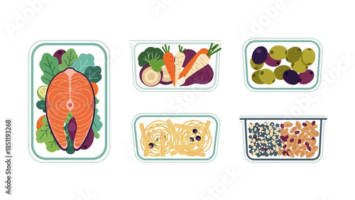 Colorful meal prep containers with healthy ingredients and fresh produce