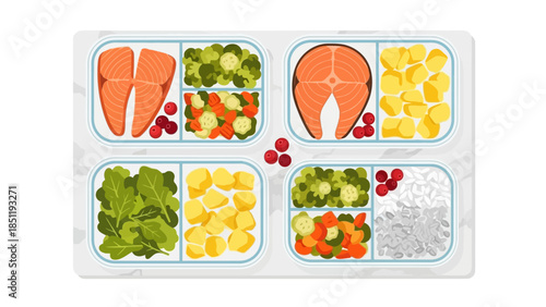 Nutritious meal prep with salmon and vegetables in food containers