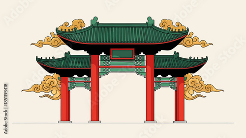 Traditional Chinese Gateway Arch with Ornate Roof and Decorative Clouds, Cultural Landmark Illustration
