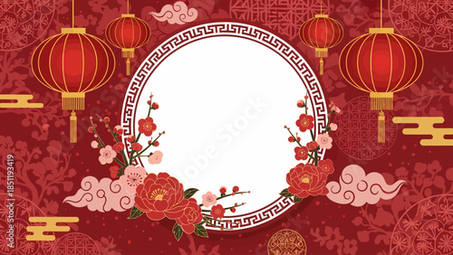 Traditional Lunar New Year festive red background frame with lanterns, plum blossoms, and peonies, perfect for oriental greeting cards and celebration designs