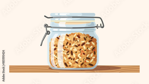 Glass jar of mixed grains on wooden shelf in detailed artistic style