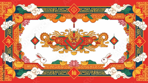 Vibrant Chinese New Year Celebration Banner Design with Golden Dragon, Lucky Rabbits, and Auspicious Symbols for Festive Greetings and Prosperity
