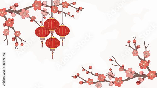 Traditional Chinese New Year decorations with blossoming branches, symbolizing prosperity and new beginnings