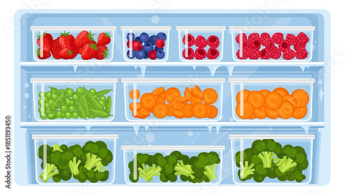 Organized refrigerator with fresh fruits and vegetables in transparent storage containers