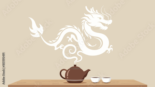 Traditional Chinese Dragon Emblem and Steaming Teapot with Cups - A Symbol of Culture and Serenity