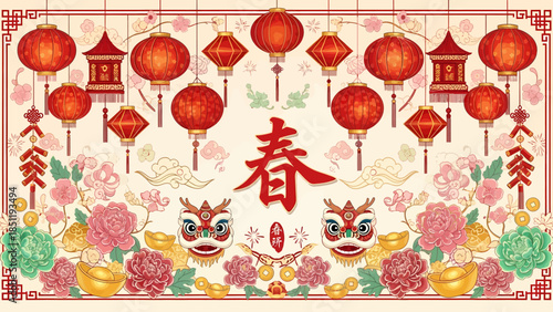 Traditional Chinese New Year Decorations with Spring Festival Elements and Lucky Symbols