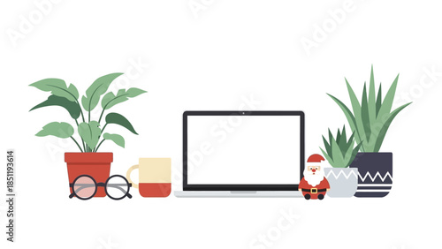 Home office desk with plants, laptop, and holiday decor for cozy work environment
