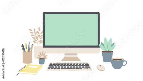 Minimalist workspace with desktop, plants, and coffee cup on desk