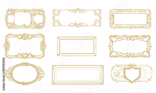 Set of nine elegant golden vintage decorative frames with intricate floral and ornamental designs on white background for classic borders and labels