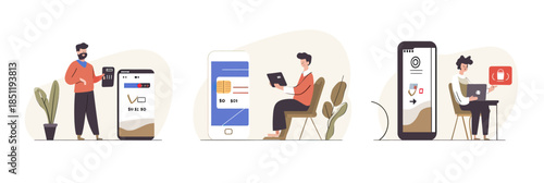 Contactless payment transaction with smartphone terminal, online credit card payment on mobile app, secure laptop digital wallet purchase illustration set