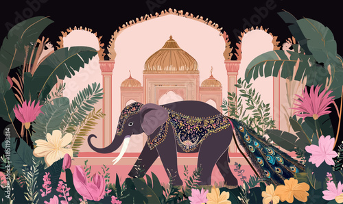 Decorative elephant with intricate floral embroidery and peacock feather tail walking in lush tropical garden with Mughal palace archway background vector illustration
