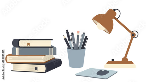 Home office essentials: books, lamp, and stationery for a productive workspace