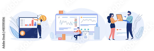Business professionals analyzing financial data stock market charts investment portfolio report digital dashboard flat vector illustration