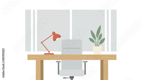 Minimalist workspace with desk, chair, lamp, and plant in flat design